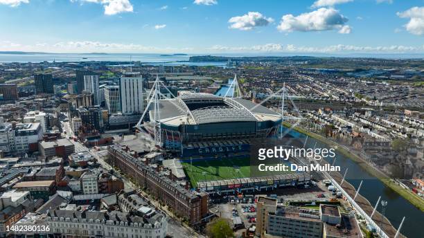 An aerial view of Arms Park and Principality Stadium prior to the TikTok Women's Six Nations match between Wales and England at Cardiff Arms Park on...