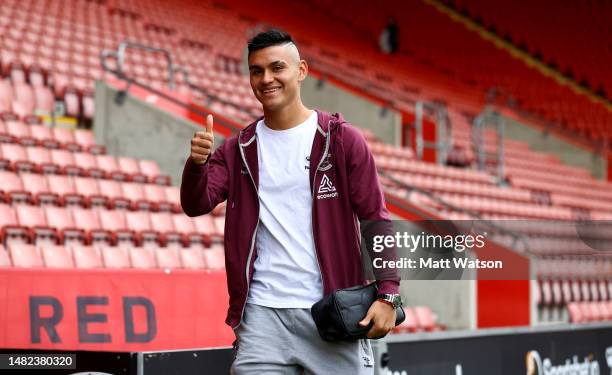 Carlos Alcaraz of Southampton ahead of the Premier League match between Southampton FC and Crystal Palace at St. Mary's Stadium on April 15, 2023 in...