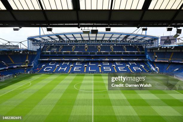 General view inside the stadium prior to the Premier League match between Chelsea FC and Brighton & Hove Albion at Stamford Bridge on April 15, 2023...