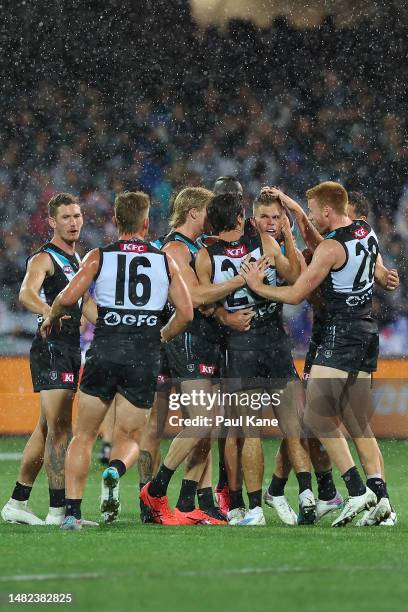 Dan Houston of the Power celebrates a goal during the round five AFL match between Port Adelaide Power and Western Bulldogs at Adelaide Oval, on...