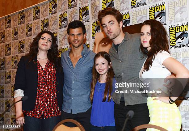 Author Stephenie Meyer, Actors Taylor Lautner, Robert Pattinson, Mackenzie Foy and Kristen Stewart attend "The Twilight Saga: Breaking Dawn Part 2"...