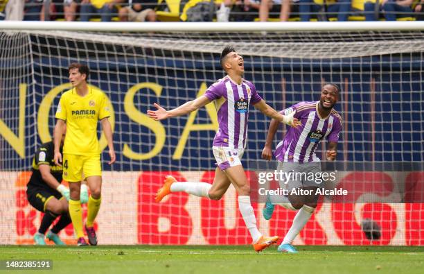 Jawad El Yamiq of Real Valladolid CF celebrates with teammate Cyle Larin after scoring the team's second goal during the LaLiga Santander match...