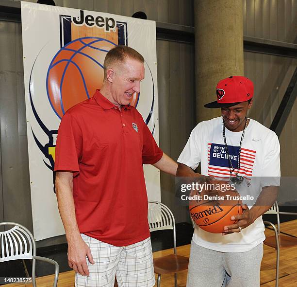 Chris Mullin and Nick Cannon during the Jalen Rose Leadership Academy Clinic at Impact Basketball on July 12, 2012 in Las Vegas, Nevada.