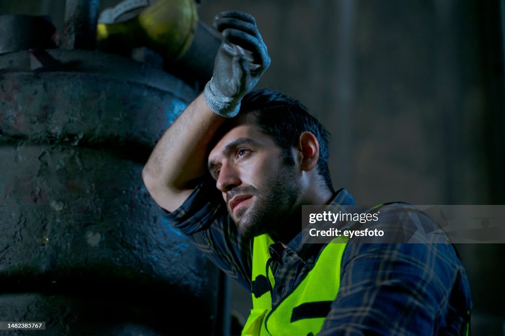Blue collar worker work at machinery factory.