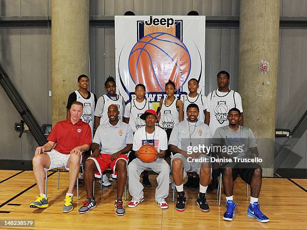 Chris Mullin, Chauncey Billups, Nick Cannon, Jalen Rose and Kyrie Irving during the Jalen Rose Leadership Academy Clinic at Impact Basketball on July...