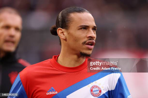 Leroy Sane of FC Bayern Munich looks on prior to the Bundesliga match between FC Bayern München and TSG Hoffenheim at Allianz Arena on April 15, 2023...