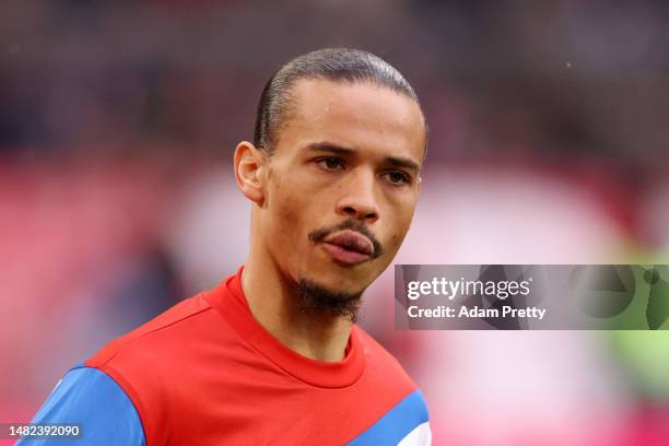 Leroy Sane of FC Bayern Munich looks on prior to the Bundesliga match between FC Bayern München and TSG Hoffenheim at Allianz Arena on April 15, 2023...