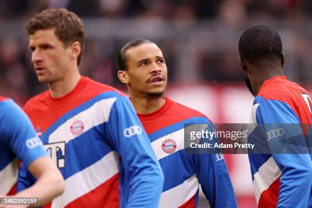 Leroy Sane of FC Bayern Munich looks on prior to the Bundesliga match between FC Bayern München and TSG Hoffenheim at Allianz Arena on April 15, 2023...