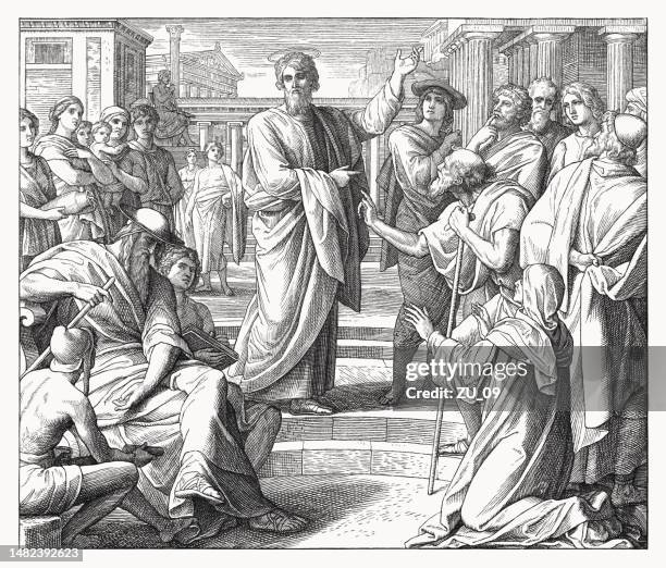 stockillustraties, clipart, cartoons en iconen met paul preaches in athens (acts 17), wood engraving, published in 1860 - apostel
