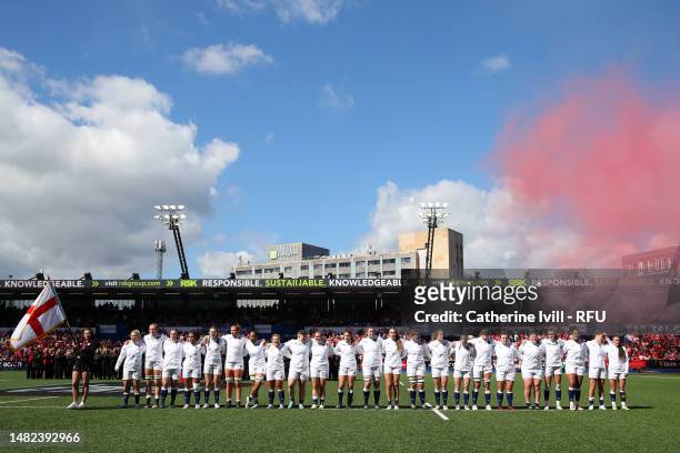 England players line up prior to the TikTok Women's Six Nations match between Wales and England at Cardiff Arms Park on April 15, 2023 in Cardiff,...