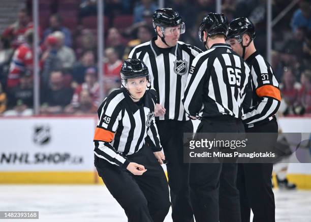 Referee Beaudry Halkidis skates prior to the start of the first period between the Montreal Canadiens and the Boston Bruins at Centre Bell on April...