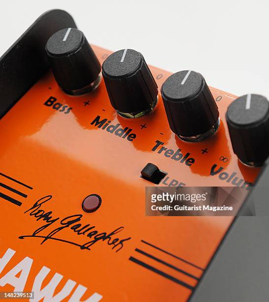 The volume and tone controls of a Flynn Amps Rory Gallagher Hawk Booster electric guitar boost and overdrive effects pedal, during a studio shoot for...