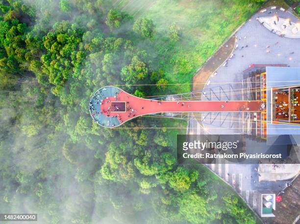 aerial drone magnificent view from the top of tower sky walk at aiyerweng skywalk with fog, betong city, bang lang national park, tropical rainforest southern thailand. - drone picture architekture stock-fotos und bilder