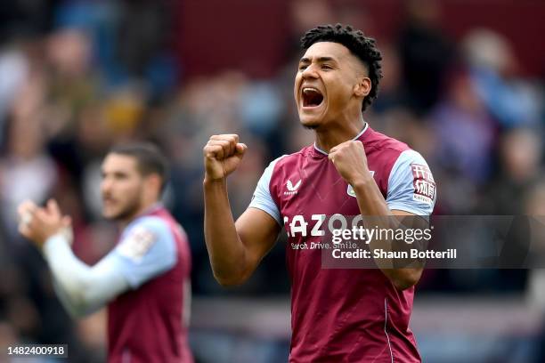 Ollie Watkins of Aston Villa celebrates after the team's victory in the Premier League match between Aston Villa and Newcastle United at Villa Park...