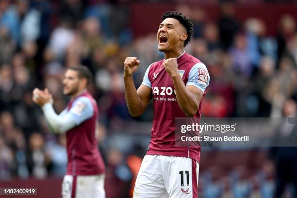 Ollie Watkins of Aston Villa celebrates after the team's victory in the Premier League match between Aston Villa and Newcastle United at Villa Park...