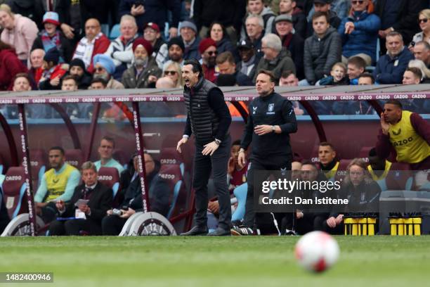 Unai Emery, Manager of Aston Villa, reacts during the Premier League match between Aston Villa and Newcastle United at Villa Park on April 15, 2023...