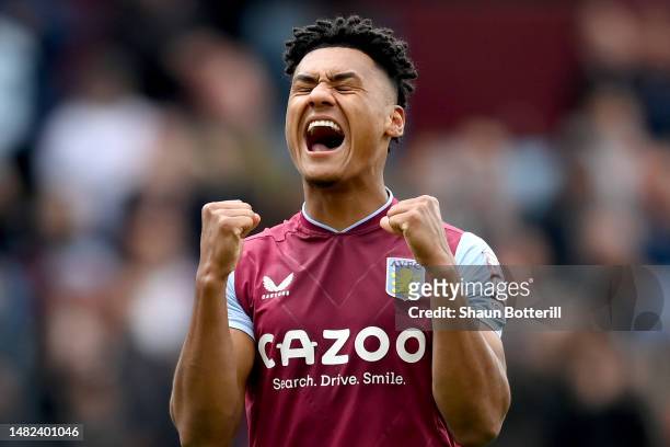 Ollie Watkins of Aston Villa celebrates after the team's victory in the Premier League match between Aston Villa and Newcastle United at Villa Park...
