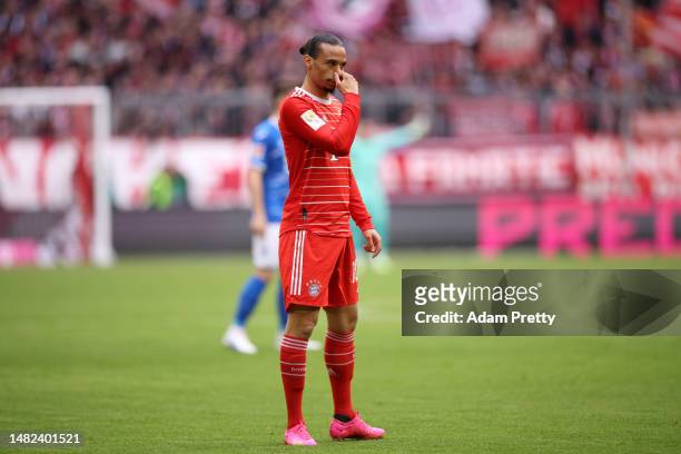 Leroy Sane of FC Bayern Munich looks on during the Bundesliga match between FC Bayern München and TSG Hoffenheim at Allianz Arena on April 15, 2023...
