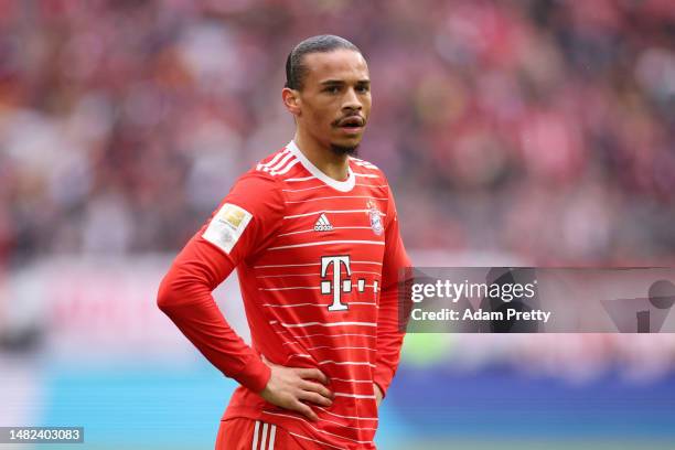 Leroy Sane of FC Bayern Munich looks on during the Bundesliga match between FC Bayern München and TSG Hoffenheim at Allianz Arena on April 15, 2023...