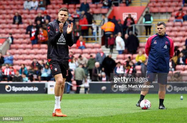 Jan Bednarek of Southampton warms up during the Premier League match between Southampton FC and Crystal Palace at St. Mary's Stadium on April 15,...