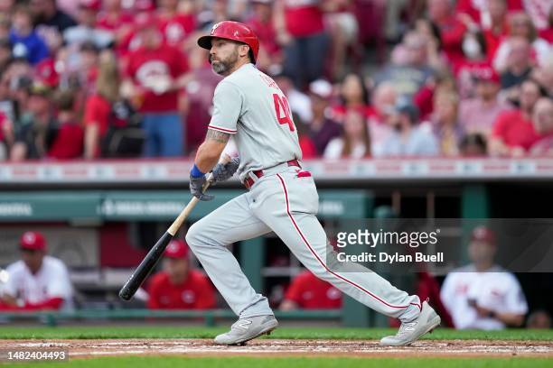 Jake Cave of the Philadelphia Phillies lines out in the second inning against the Cincinnati Reds at Great American Ball Park on April 14, 2023 in...