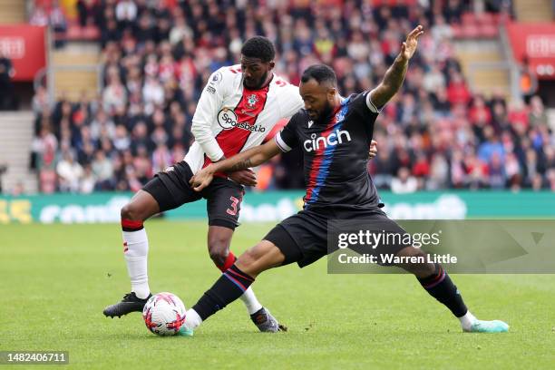 Jordan Ayew of Crystal Palace battles for possession with Ainsley Maitland-Niles of Southampton during the Premier League match between Southampton...