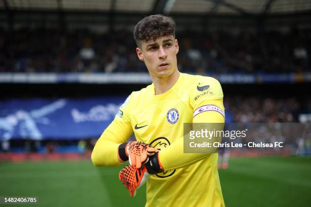 Kepa Arrizabalaga of Chelsea looks on prior to the Premier League match between Chelsea FC and Brighton & Hove Albion at Stamford Bridge on April 15,...