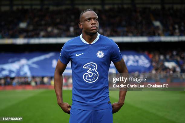 Denis Zakaria of Chelsea looks on prior to the Premier League match between Chelsea FC and Brighton & Hove Albion at Stamford Bridge on April 15,...