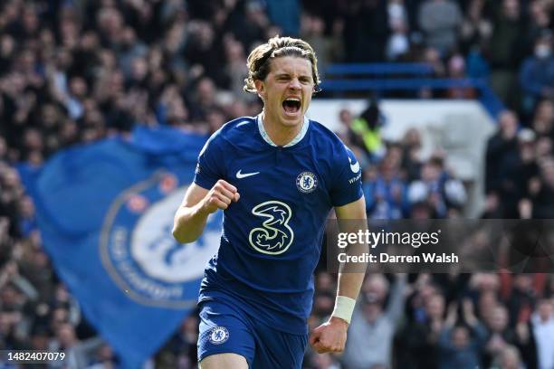 Conor Gallagher of Chelsea celebrates after scoring the team's first goal during the Premier League match between Chelsea FC and Brighton & Hove...