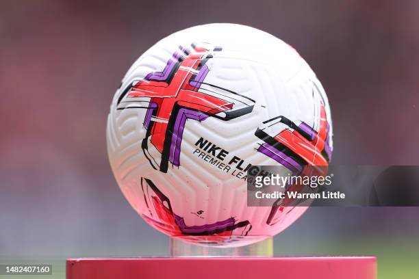The Nike Flight Aerowsculpt Hi-Vis Premier League match ball is seen on a plinth prior to the Premier League match between Southampton FC and Crystal...