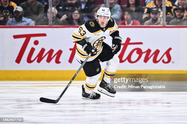 Brad Marchand of the Boston Bruins skates during the third period against the Montreal Canadiens at Centre Bell on April 13, 2023 in Montreal,...