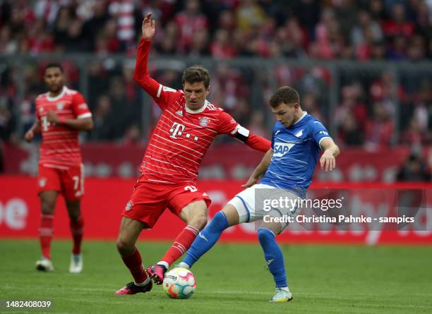 Thomas Mueller of FC Bayern Muenchen , Dennis Geiger of TSG 1899 Hoffenheim during the Bundesliga match between FC Bayern München and TSG Hoffenheim...