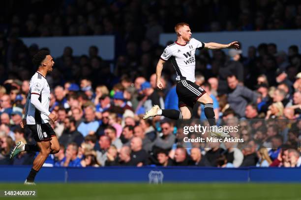 Harrison Reed of Fulham celebrates after scoring the team's first goal during the Premier League match between Everton FC and Fulham FC at Goodison...