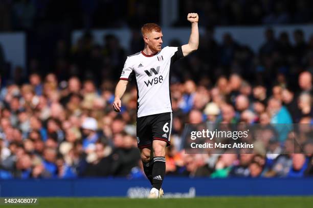 Harrison Reed of Fulham celebrates after scoring the team's first goal during the Premier League match between Everton FC and Fulham FC at Goodison...