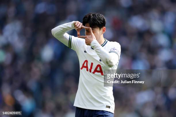 Son Heung-Min of Tottenham Hotspur celebrates after scoring the team's first goal during the Premier League match between Tottenham Hotspur and AFC...