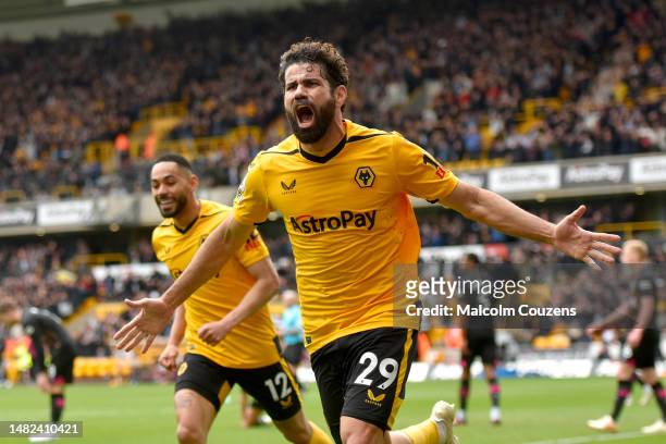 Diego Costa of Wolverhampton Wanderers celebrates scoring a goal during the Premier League match between Wolverhampton Wanderers and Brentford FC at...