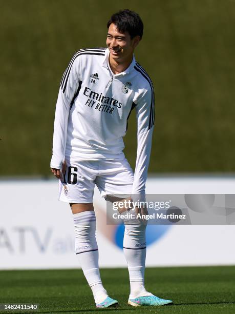 Takuhiro Nakai of Real Madrid Castilla warms up prior to the Primera RFEF Group 1 match between Real Madrid Castilla and RC Celta B at Estadio...