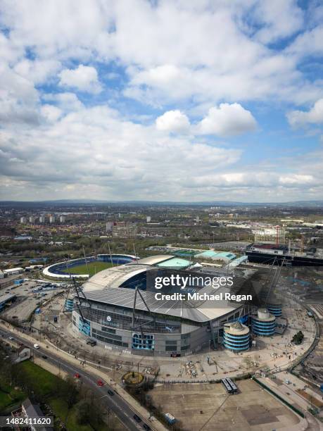 An aerial view of the Etihad Stadium prior to the Premier League match between Manchester City and Leicester City at Etihad Stadium on April 15, 2023...