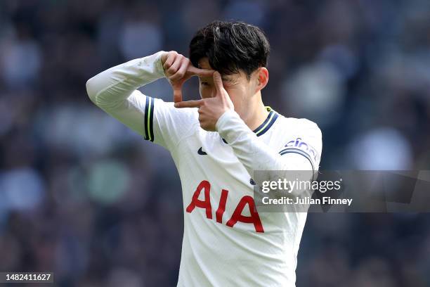 Son Heung-Min of Tottenham Hotspur celebrates after scoring the team's first goal during the Premier League match between Tottenham Hotspur and AFC...