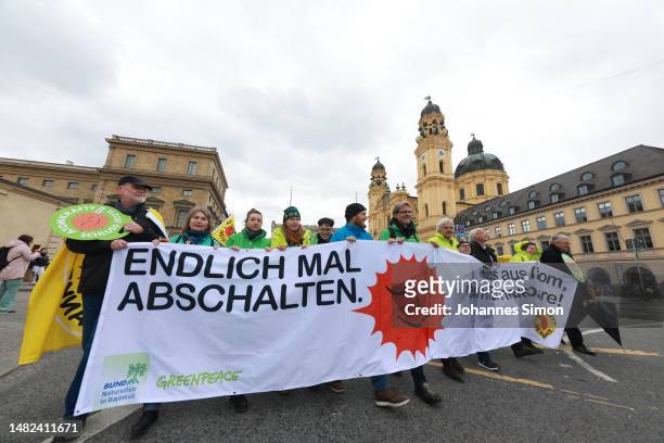 Anti-nuclear movement supporters gather to celebrate the shuttering of Germany's last nuclear power plants on April 15, 2023 in Munich, Germany....