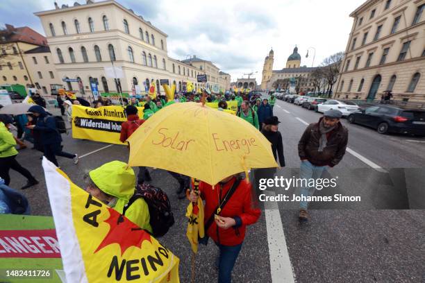 Anti-nuclear movement supporters gather to celebrate the shuttering of Germany's last nuclear power plants on April 15, 2023 in Munich, Germany....