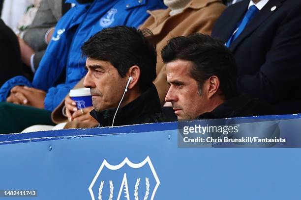 Fulham manager Marco Silva looks on from the stand during the Premier League match between Everton FC and Fulham FC at Goodison Park on April 15,...