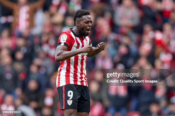 Inaki Williams of Athletic Club celebrates after scoring his team's first goal during the LaLiga Santander match between Athletic Club and Real...