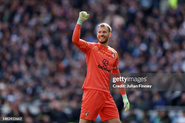 Neto of AFC Bournemouth celebrates after their sides first goal during the Premier League match between Tottenham Hotspur and AFC Bournemouth at...