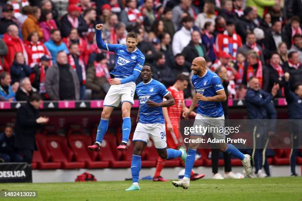 Andrej Kramaric of TSG Hoffenheim celebrates after scoring the team's first goal during the Bundesliga match between FC Bayern München and TSG...