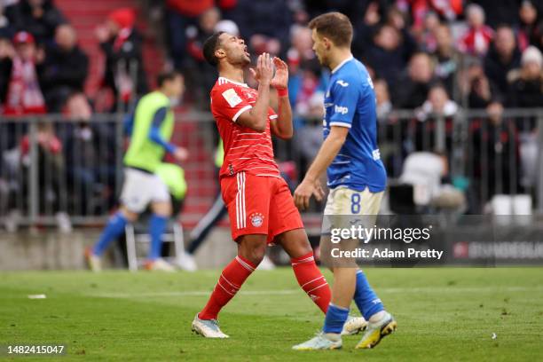 Serge Gnabry of FC Bayern Munich reacts after a missed chance during the Bundesliga match between FC Bayern München and TSG Hoffenheim at Allianz...