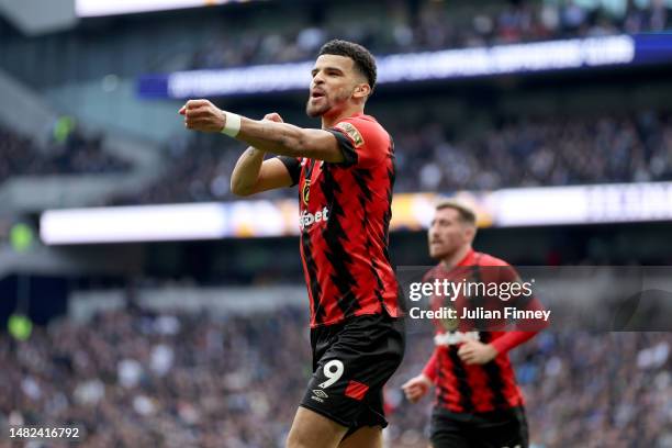 Dominic Solanke of AFC Bournemouth celebrates after scoring the team's second goal during the Premier League match between Tottenham Hotspur and AFC...