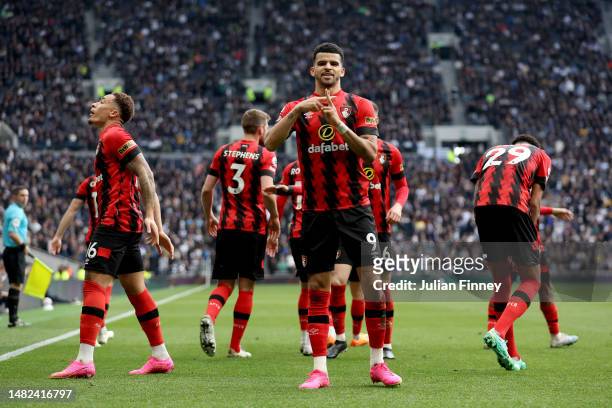 Dominic Solanke of AFC Bournemouth celebrates after scoring the team's second goal during the Premier League match between Tottenham Hotspur and AFC...