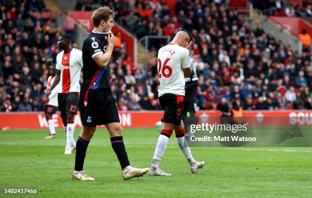 Carlos Alcaraz of Southampton reacts during the Premier League match between Southampton FC and Crystal Palace at St. Mary's Stadium on April 15,...