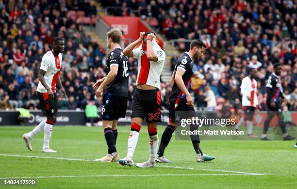 Carlos Alcaraz of Southampton reacts during the Premier League match between Southampton FC and Crystal Palace at St. Mary's Stadium on April 15,...